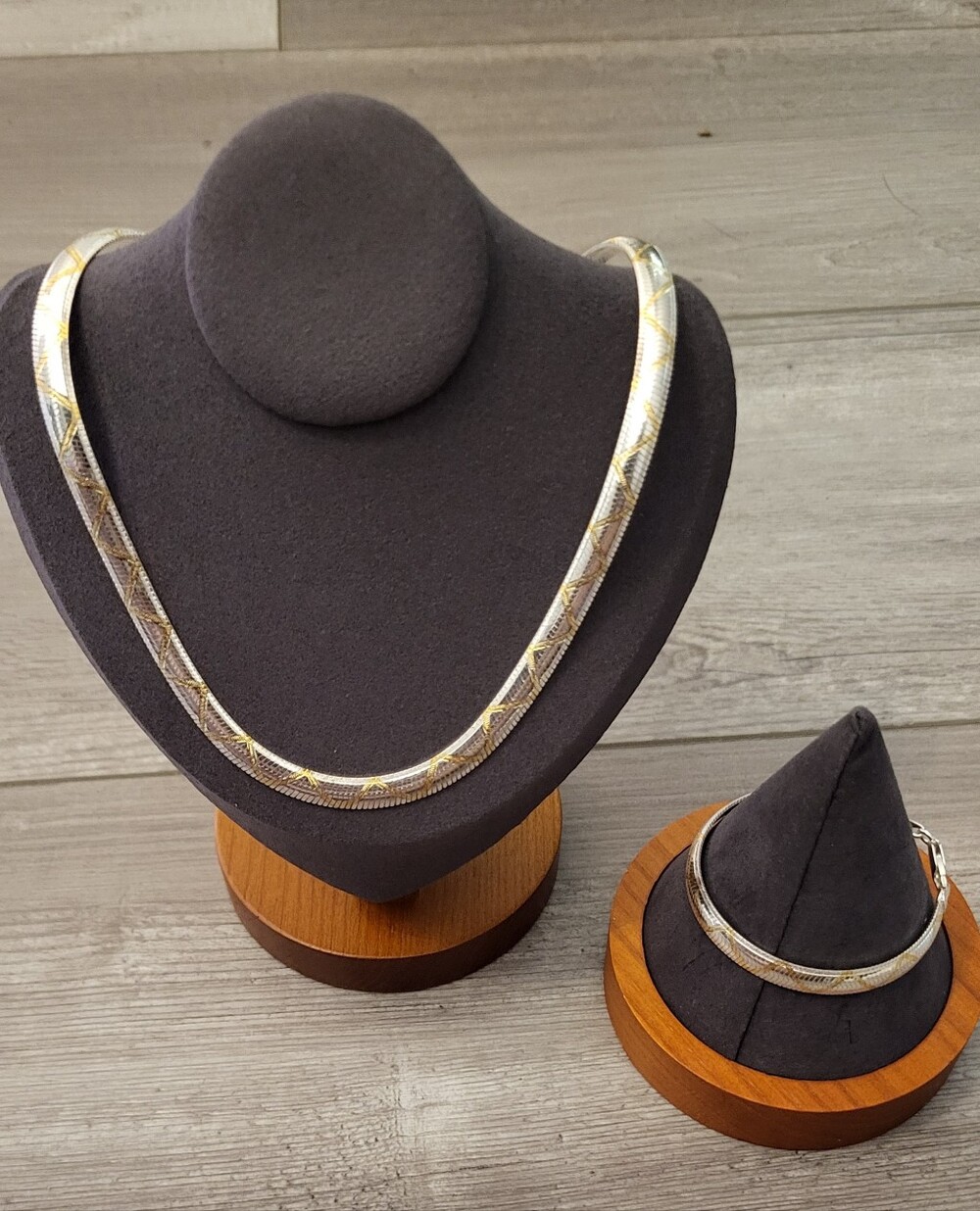 Sterling Silver 925 and Gold Patterned Omega Necklace And Bracelet - 2 Pieces